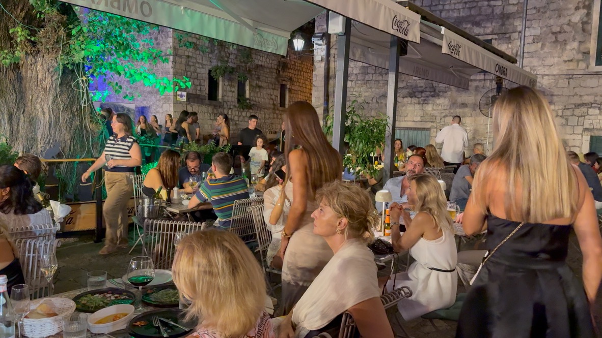 Ombra terrace by night with guests dining, Kotor Old Town